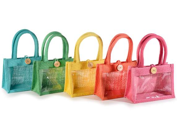 Bolsa de yute con ventana, asas de cuerda y cierre de botón.