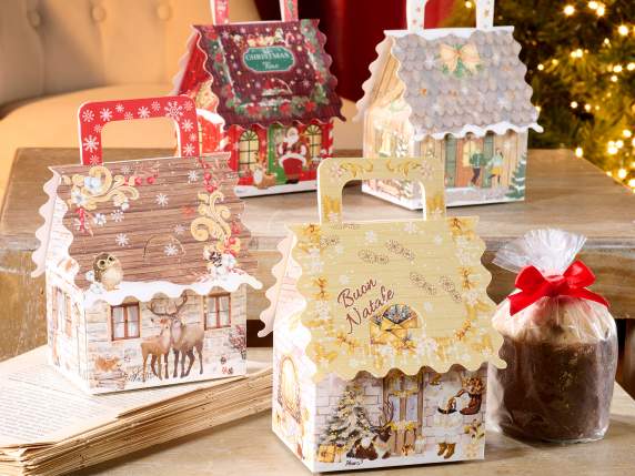 Caja de papel con forma de casa, asa y estampado navideño
