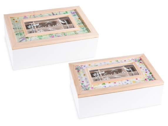 Caja para té-especias de madera y vidrio, 6 compartimentos