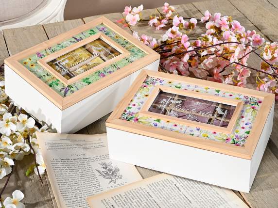 Caja para té-especias de madera y vidrio, 6 compartimentos