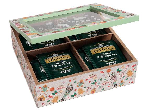 Caja navideña de madera para té con 4 compartimentos