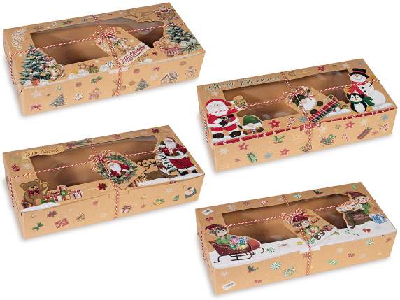 Caja navideña de papel kraft con ventana, cordón y etiqueta.