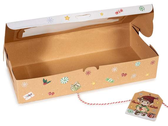 Caja navideña de papel kraft con ventana, cordón y etiqueta.