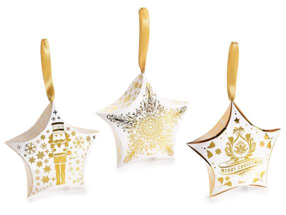 Caja papel colgante forma estrella y estampado dorado