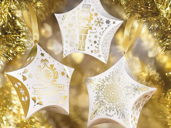 Caja papel colgante forma estrella y estampado dorado