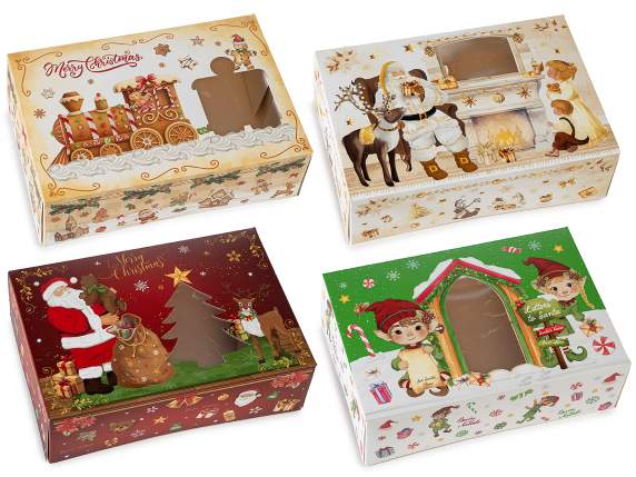 Caja de cartón con estampado navideño y ventana transparente