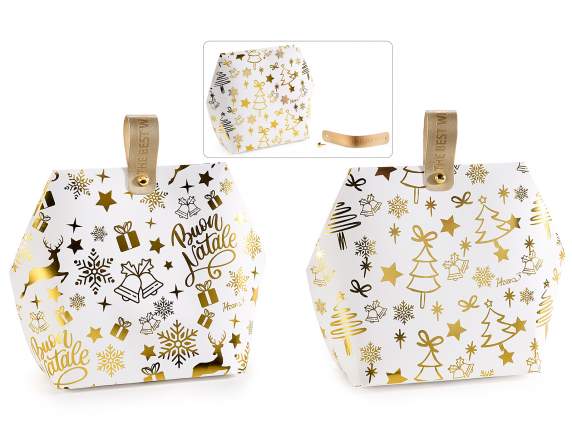 Caja de papel con estampado navideño y asa dorada