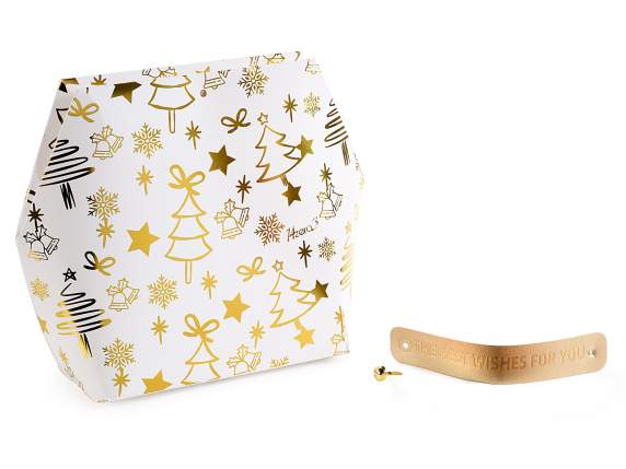 Caja de papel con estampado navideño y asa dorada