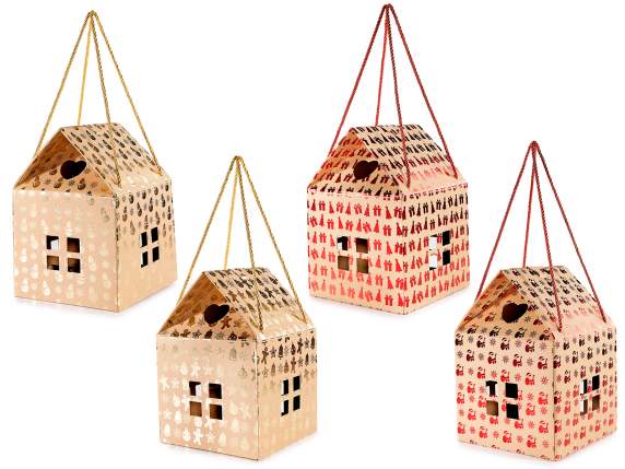 Caja de papel de casa navideña con ventanas y asas