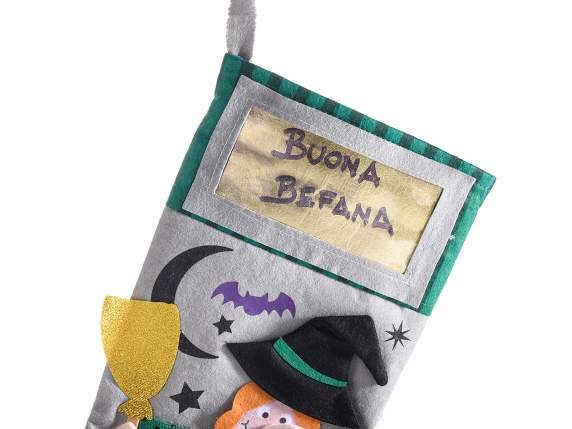 Calza portadolci in panno con decori Befana e tasca auguri