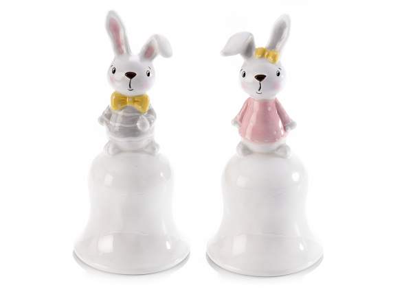 Campanella decorativa in ceramica con coniglietto con fiocco