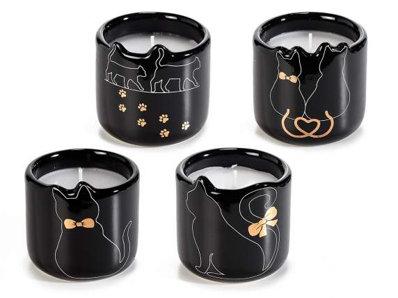 Candela in vasetto ceramica con gatto e dettagli oro vero