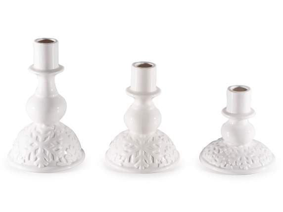 Set 3 portavelas de porcelana con adornos de copos de nieve