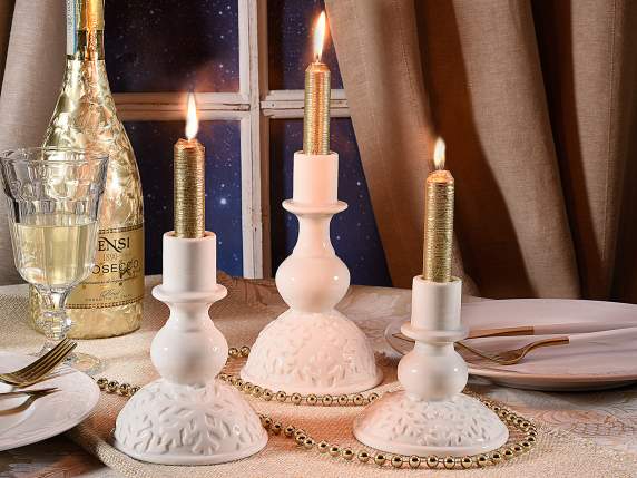 Set 3 portavelas de porcelana con adornos de copos de nieve