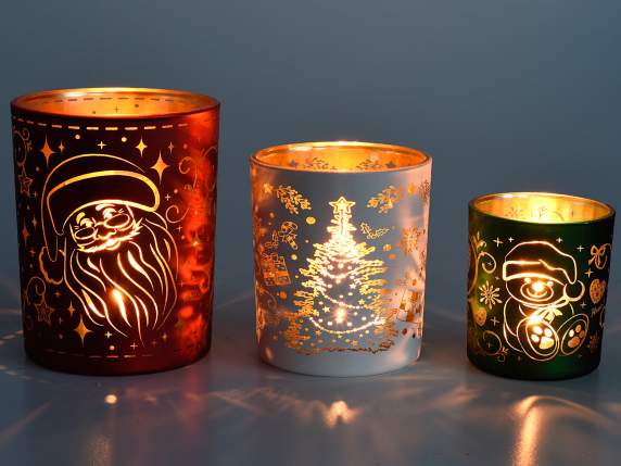 Juego de 3 portavelas navideñas de cristal decorado