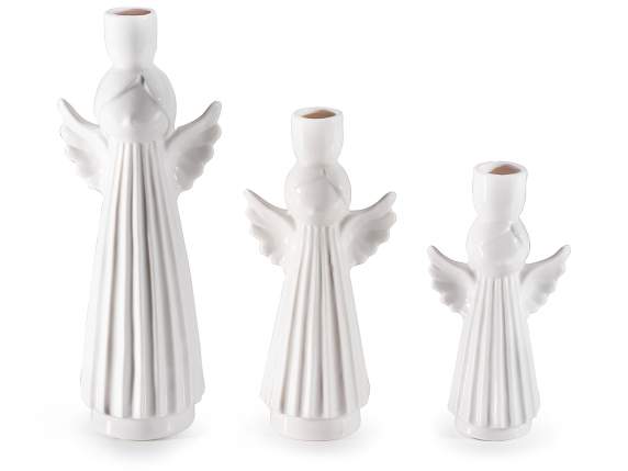 Set 3 portavelas porcelana forma ángel para velas de tallo