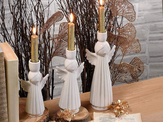 Set 3 portavelas porcelana forma ángel para velas de tallo