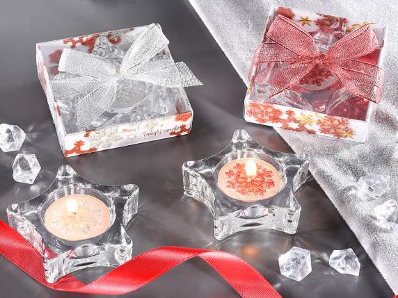 Juego de portavelas de cristal con vela decorada