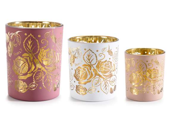Juego de 3 portavelas de cristal decorado con rosas doradas