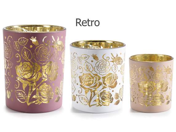 Juego de 3 portavelas de cristal decorado con rosas doradas