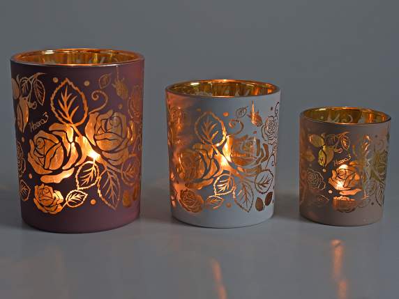 Juego de 3 portavelas de cristal decorado con rosas doradas