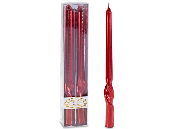 Scatola 2 candele stelo torchon color rosso metalizzato