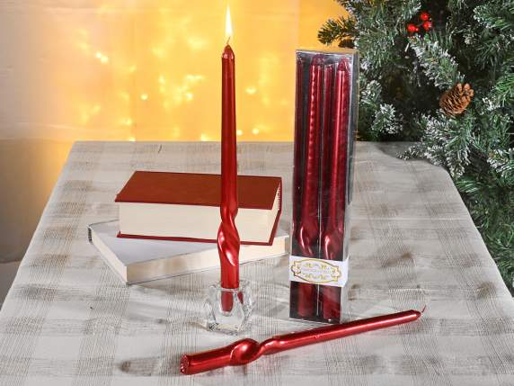 Scatola 2 candele stelo torchon color rosso metalizzato