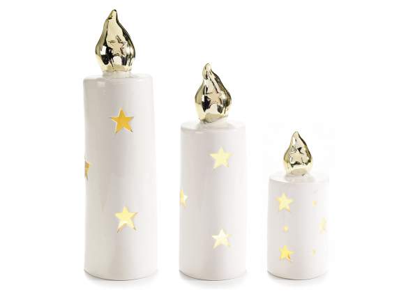 Set 3 candele batteria ceramica c-luci LED e intagli stelle