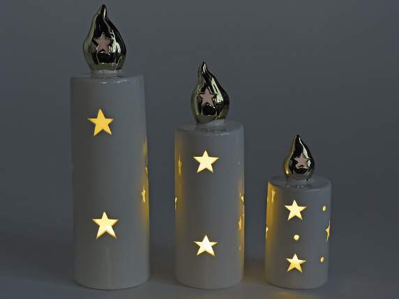 Set 3 candele batteria ceramica c-luci LED e intagli stelle