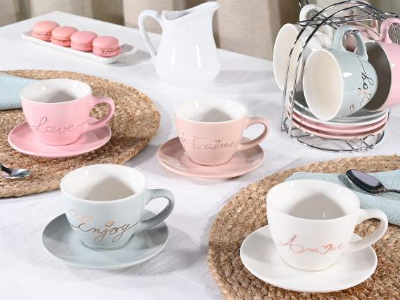 Set 4 cesti de 130 ml si farfurioare din portelan, decoratiu
