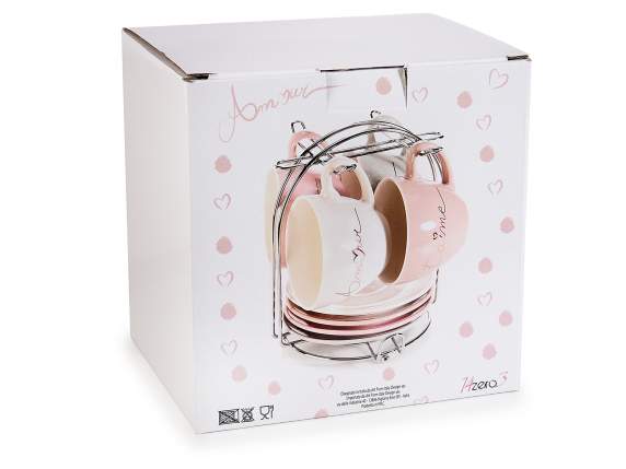 Set 4 cesti de 130 ml si farfurioare din portelan, decoratiu