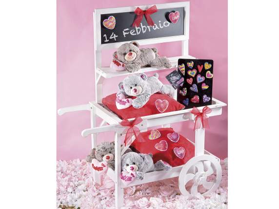 Expositor mediano y carrito decorativo de madera con pizarra