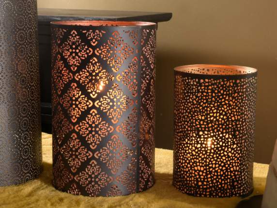 Set of 3 candle holders in carved metal and gold - copper in