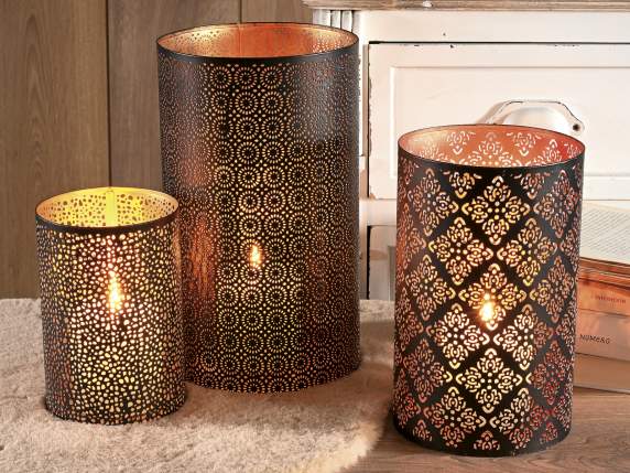 Set of 3 candle holders in carved metal and gold - copper in