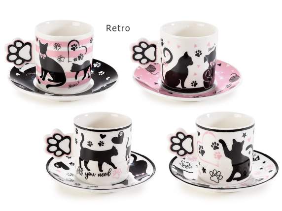 Pack of 2 porcelain cups and saucers with Pretty cat decorat