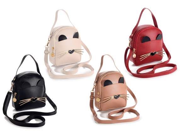 Cat leatherette bag / backpack with mustache and shoulder st