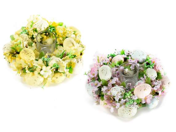 Centrotavola di uova e fiori c/vasetto portacandela in vetro