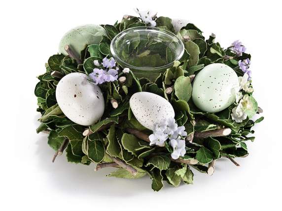 Centrotavola di uova e fiori c/vasetto portacandela in vetro
