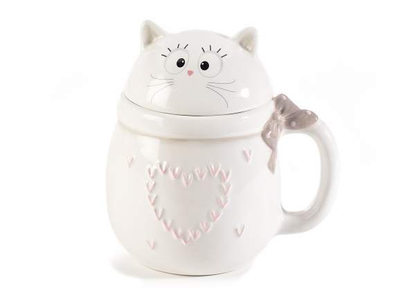 Ceramic cat mug with heart decoration