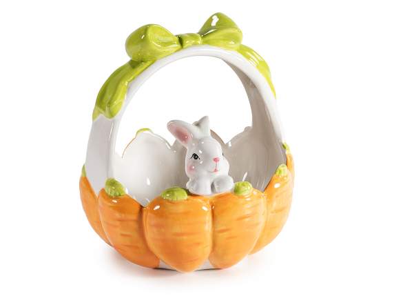 Cesta cerámica con asa, decorada con zanahoria y un conejo