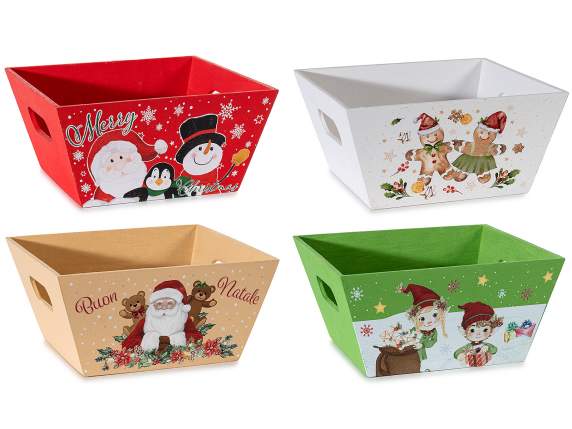 Cesta-caja de madera con estampado navideño y asas.