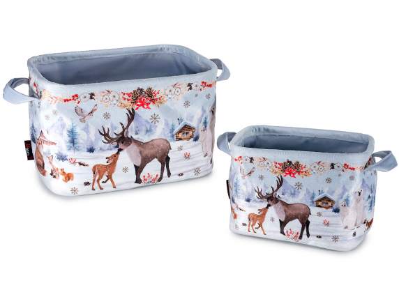 Juego de 2 cestas navideñas de tela con asas de estampado