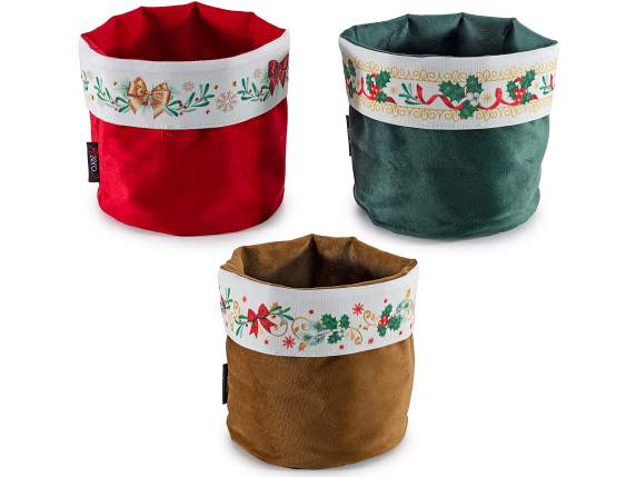 Cesta de terciopelo suave con solapa con estampado navideño