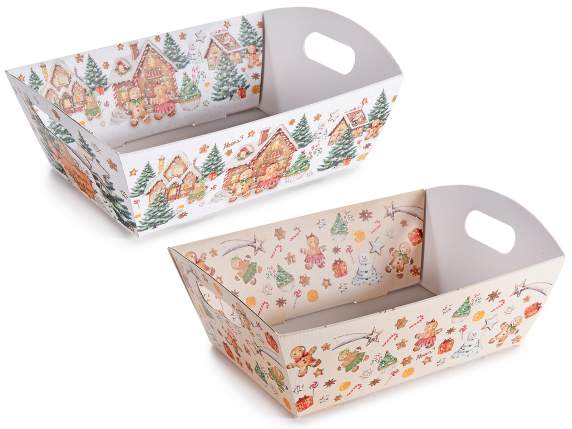 Pequeña bandeja de papel con asas y adornos navideños.