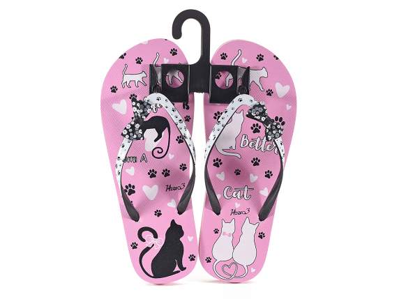 Par de chanclas de mujer con estampado gatos y cordón