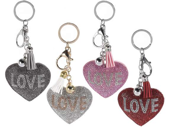 Charm/keyring heart shaped w/ Love print, strass and pendant