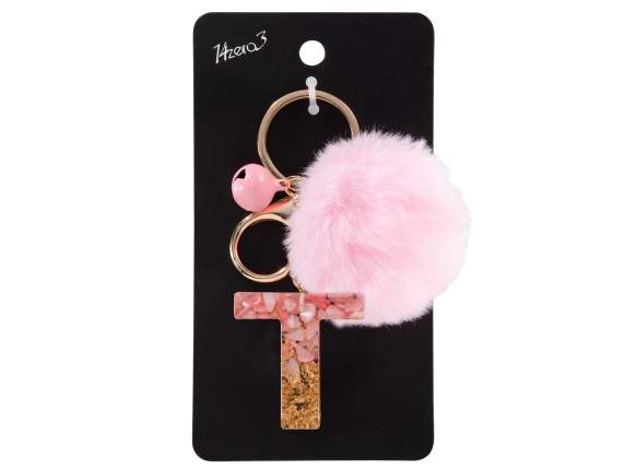 Portachiavi - charm lettera T in resina con pompon in card