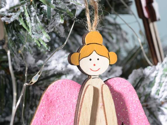Wooden angel with glitter decorations to hang