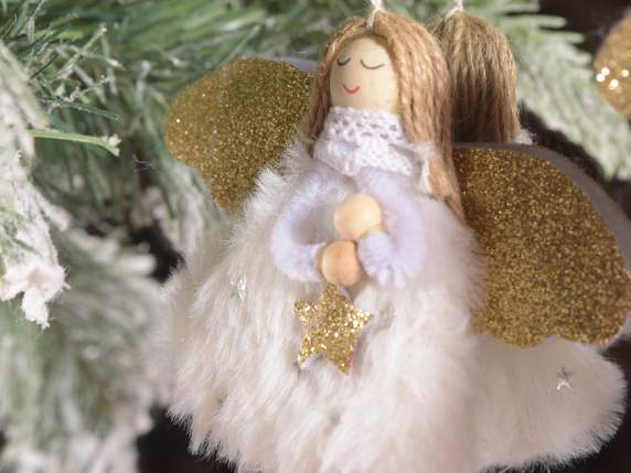 Fabric and eco fur angel with glittery star to hang