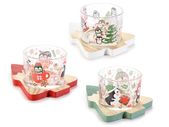 Aperitif set with glass bowl and wooden tree base